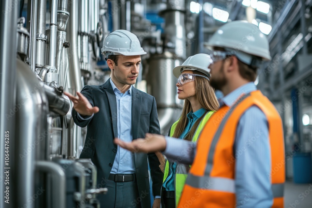 An engineer in a suit and hard hat consults with a worker wearing a safety vest and helmet An engineer in a suit and hard hat consults with a worker wearing a safety vest and helmet