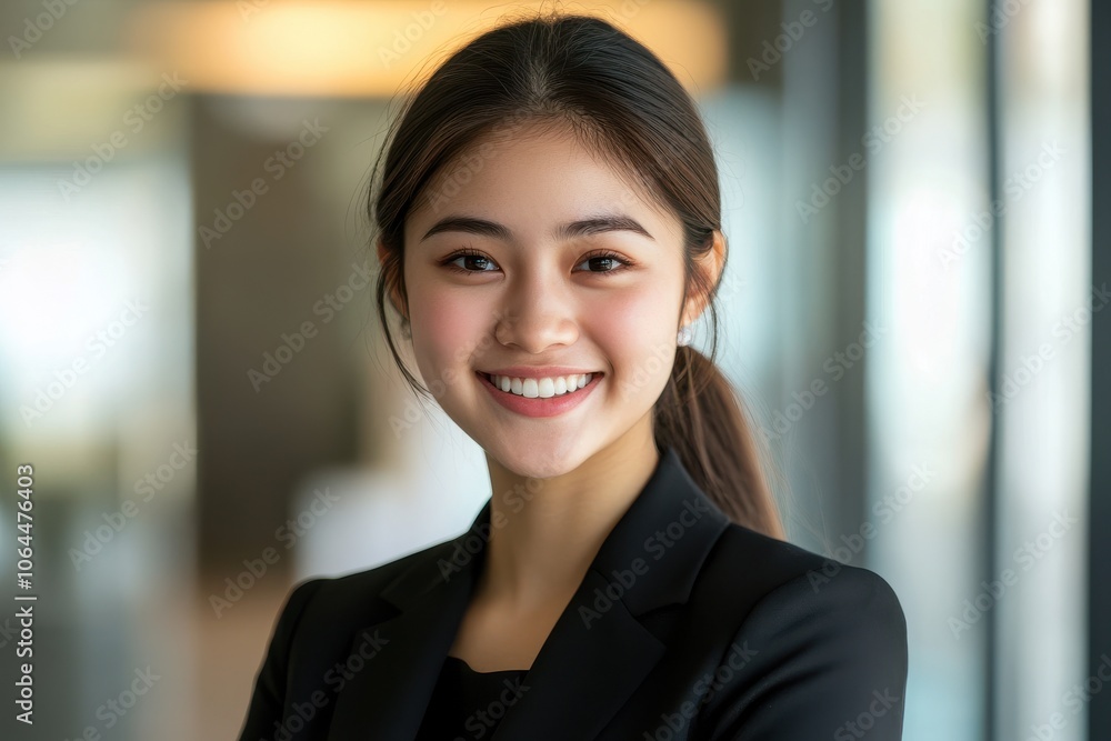 Asian female with a happy smile on her face, wearing a formal black suit, working in an office Asian female with a happy smile on her face, wearing a formal black suit, working in an office