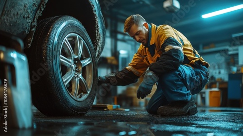 Auto mechanic working in garage and changing wheel alloy tire