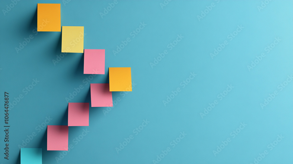 Fototapeta premium Colorful paper notes arranged in a playful pattern on a blue background.