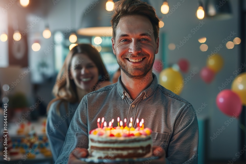 A man smiles holding a birthday cake with lit candles, celebrating with a woman in the background. A man smiles holding a birthday cake with lit candles, celebrating with a woman in the background.