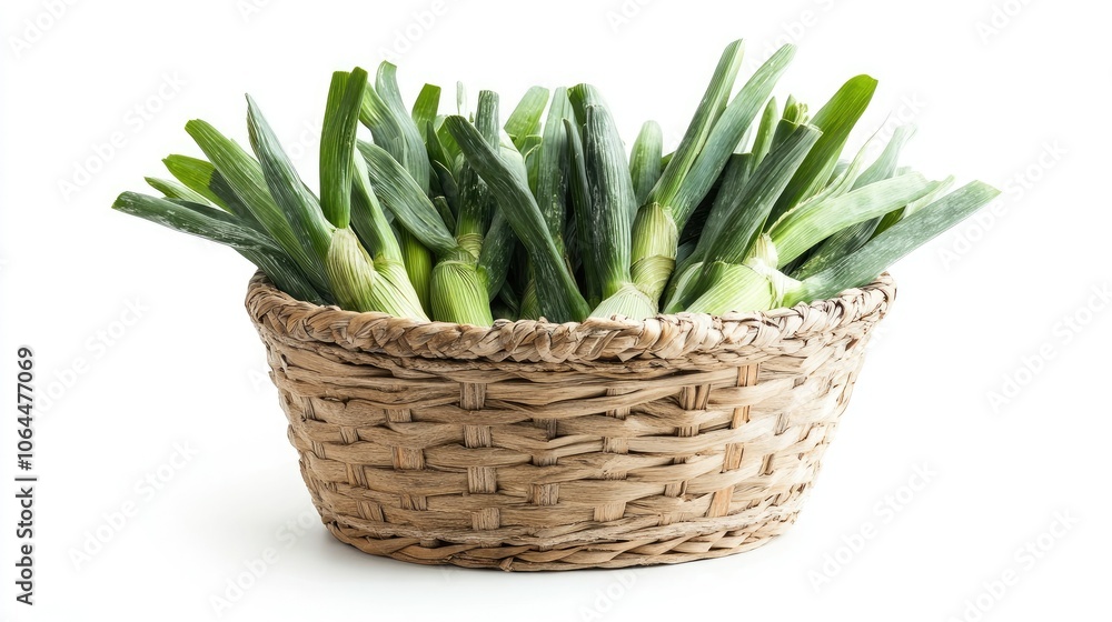Fresh Green Leeks in Woven Basket Display Fresh Green Leeks in Woven Basket Display