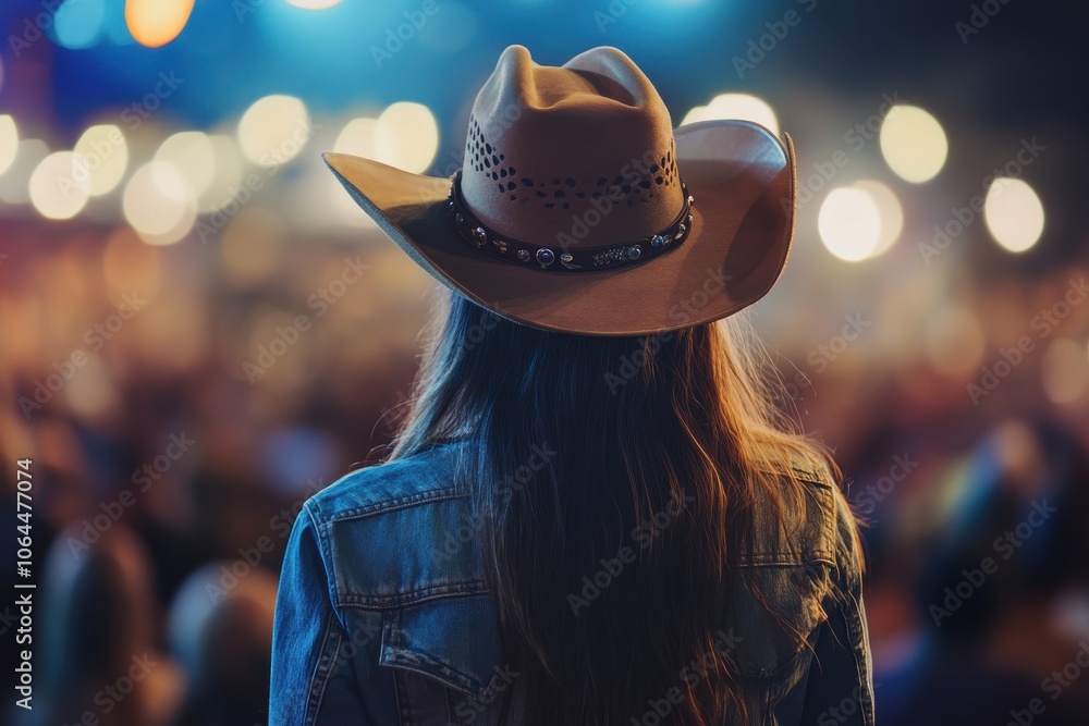 Back view of a young american woman fan of country music attending a country music concert Back view of a young american woman fan of country music attending a country music concert