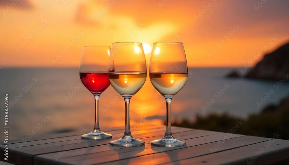 Two wine glasses on a table overlooking a sunset over the ocean Two wine glasses on a table overlooking a sunset over the ocean