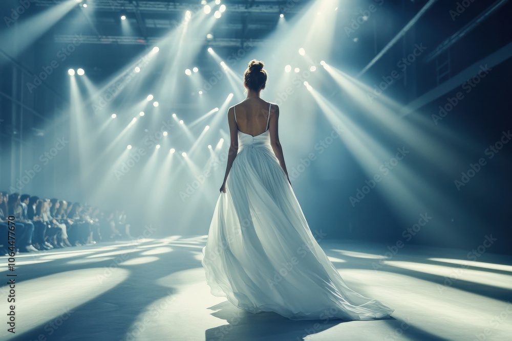 Beautiful top model girl in the fashion week runway wearing white dress Beautiful top model girl in the fashion week runway wearing white dress