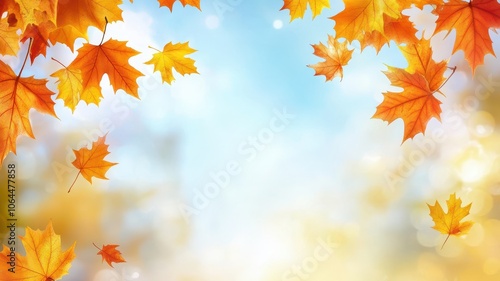 Autumn background with maple leaves and bokeh,Fall blurred background, Yellow and red maple leaves are flying and falling down. Autumnal landscape.water drop on leaf,space for text.