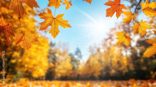 Autumn background with maple leaves and bokeh,Fall blurred background, Yellow and red maple leaves are flying and falling down. Autumnal landscape.water drop on leaf,space for text.