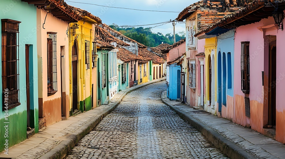 Fototapeta premium A Narrow Cobblestone Street Lined with Colorful Buildings in a Historic Latin American City