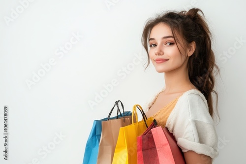 Beautiful young woman holding shopping bags and looking away with smile while standing