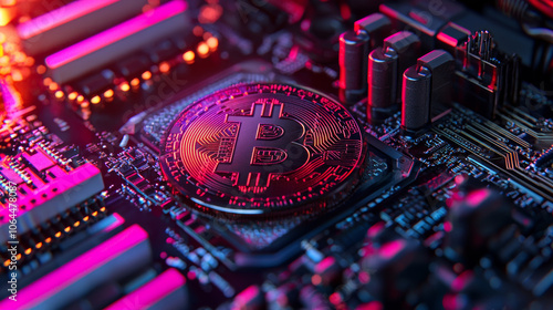 close up view of cryptocurrency mining rig featuring Bitcoin symbol, showcasing intricate circuitry and vibrant lighting. image captures essence of digital currency technology photo