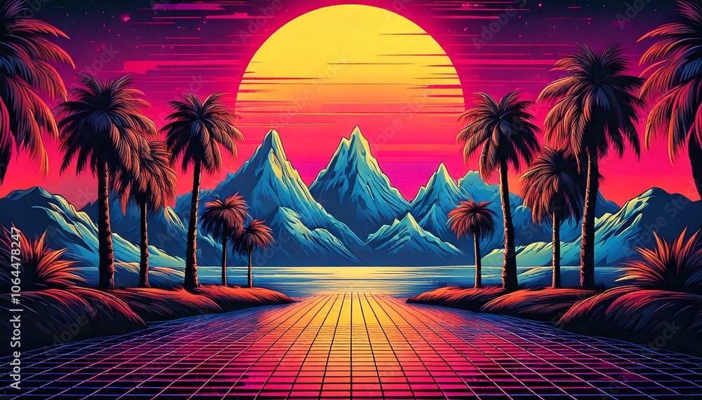 Naklejka premium Retro, 80s-inspired, with bold colors and pixelated graphics.