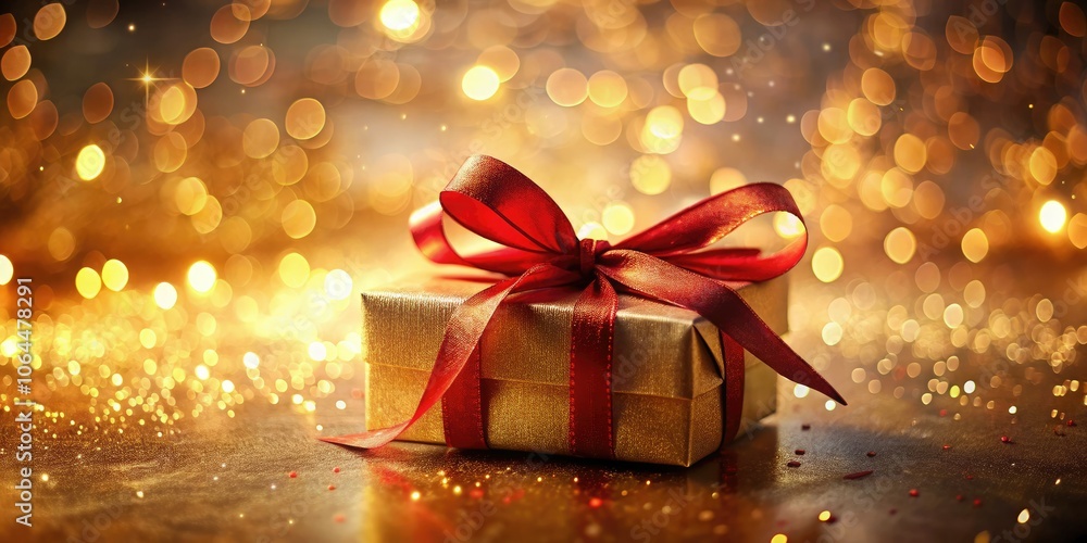 Elegant Gift Box with Shimmering Red Ribbon in Dreamy Golden Light for Special Occasions Elegant Gift Box with Shimmering Red Ribbon in Dreamy Golden Light for Special Occasions