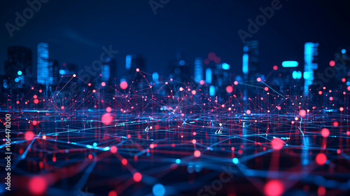 A futuristic cityscape connected by glowing, seamless digital networks, where humans, AI, and machines collaborate. Neon lights, transparent holograms, and smart infrastructure