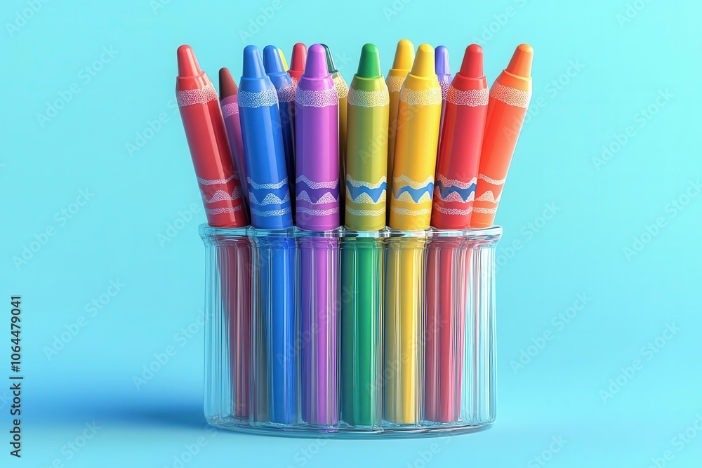 Fototapeta premium A vibrant collection of colorful crayons placed upright in a clear jar against a bright blue background.