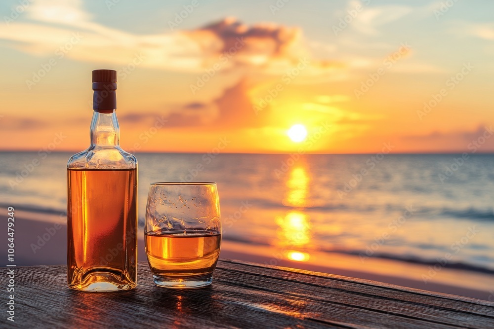 Bottle and glass of Whisky on a table with beach sea and sunset in background, Depth of field Bottle and glass of Whisky on a table with beach sea and sunset in background, Depth of field