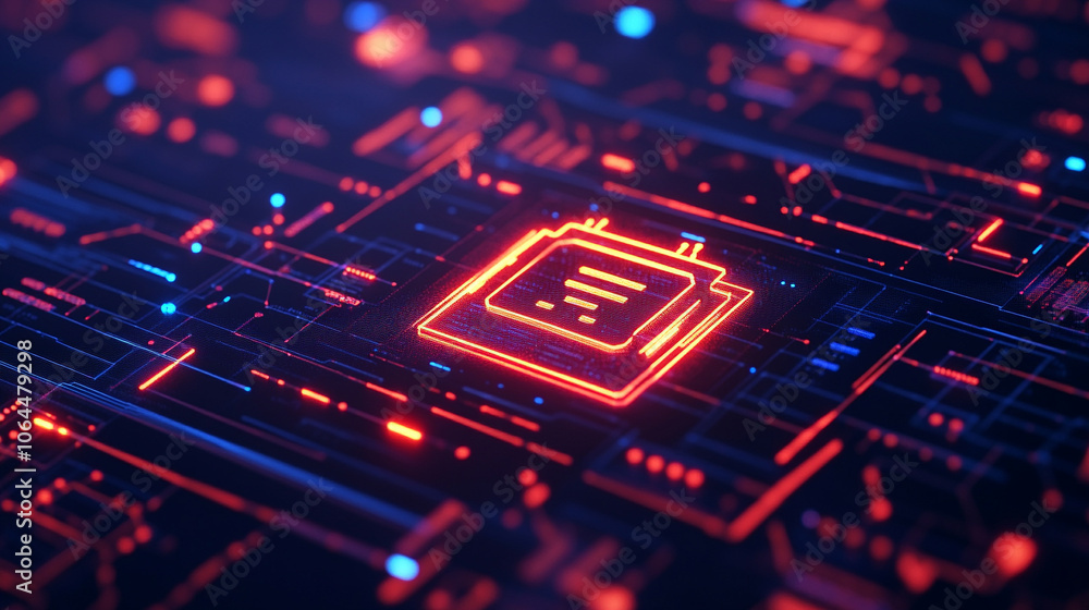 Abstract digital circuit board with glowing elements, dark background. Abstract digital circuit board with glowing elements, dark background.