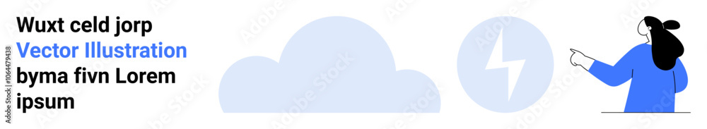 Person pointing at a cloud with a lightning symbol. Ideal for tech companies, digital solutions, cloud computing, energy management, innovation, data analytics, and sustainability. Banner for landing Person pointing at a cloud with a lightning symbol. Ideal for tech companies, digital solutions, cloud computing, energy management, innovation, data analytics, and sustainability. Banner for landing