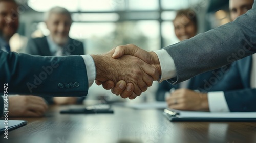 Business Handshake Agreement: Two businessmen are shaking hands across a table