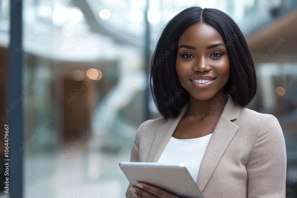Businesswoman holding tablet pc and smiling at camera. Cheerful young African Businesswoman holding tablet pc and smiling at camera. Cheerful young African