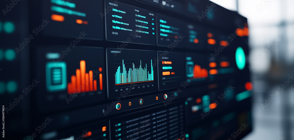 Close-up of a data analysis interface with graphs and metrics on a digital screen. Close-up of a data analysis interface with graphs and metrics on a digital screen.