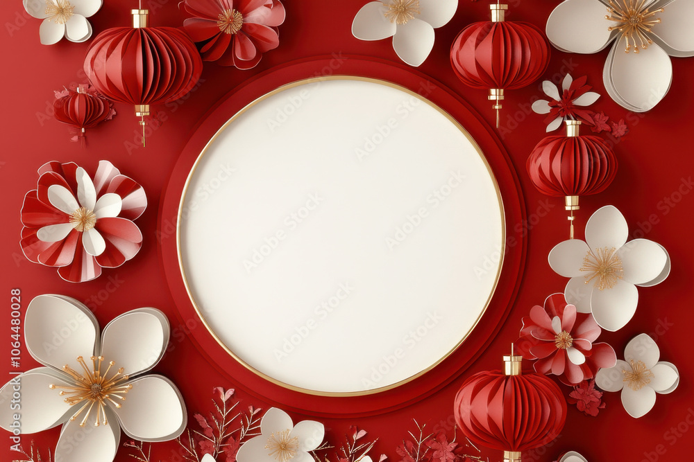 vibrant and festive background featuring red lanterns, paper flowers, and circular frame, perfect for celebrating Chinese New Year. design exudes joy and cultural richness vibrant and festive background featuring red lanterns, paper flowers, and circular frame, perfect for celebrating Chinese New Year. design exudes joy and cultural richness