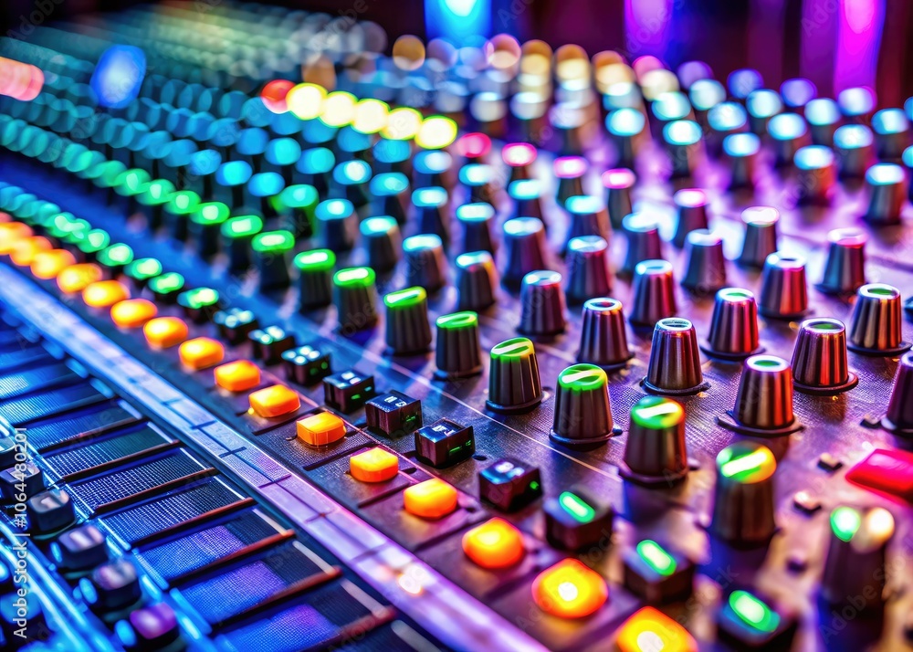Fototapeta premium Close-up tilt-shift photography showcases the intricate details and vibrant colors of audio mixing console faders, highlighting professional sound equipment in music production and recording studios.