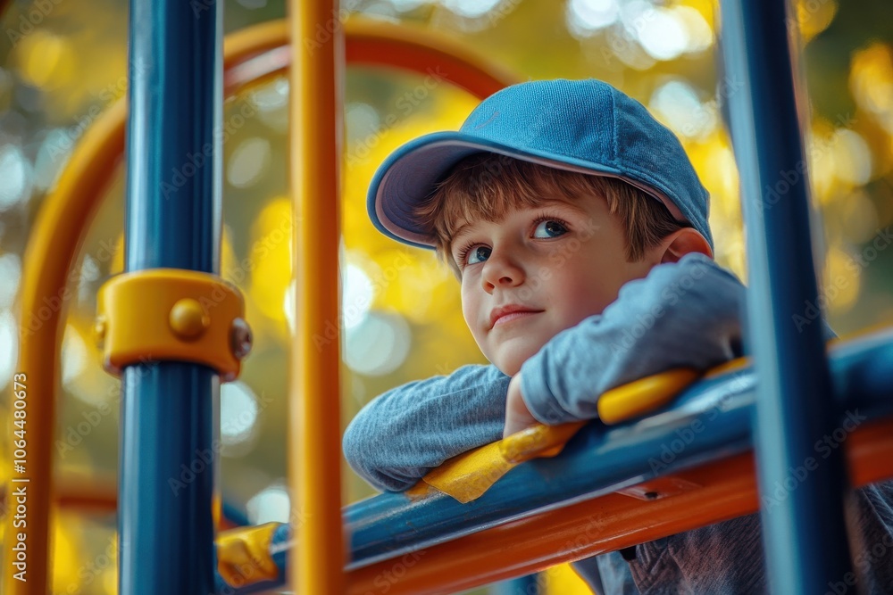 Child boy playing on playground equipment in the park, Depth of field