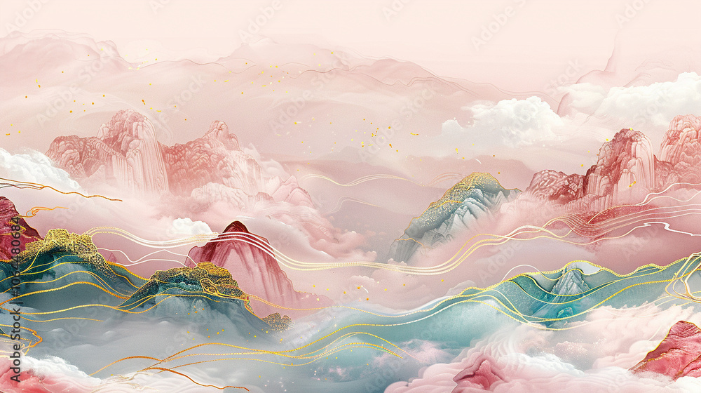 Exquisite gold-inlaid jade carving with pink and blue waves and golden lines Exquisite gold-inlaid jade carving with pink and blue waves and golden lines