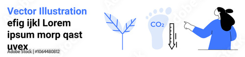 Leaf with branching veins, footprint with CO2 label, person pointing to descending chart. Ideal for sustainability, eco campaigns, carbon footprint education, environmental awareness, green