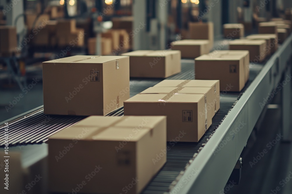 Close-up of multiple cardboard box packages moving along a conveyor belt in a warehouse Close-up of multiple cardboard box packages moving along a conveyor belt in a warehouse