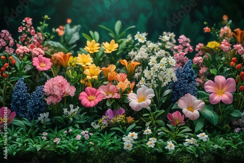 A vibrant display of various colorful flowers blooming in a lush green setting, creating a picturesque and inviting floral arrangement.