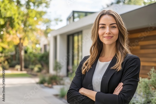 Confident American woman real estate agent stands proudly outside a modern home