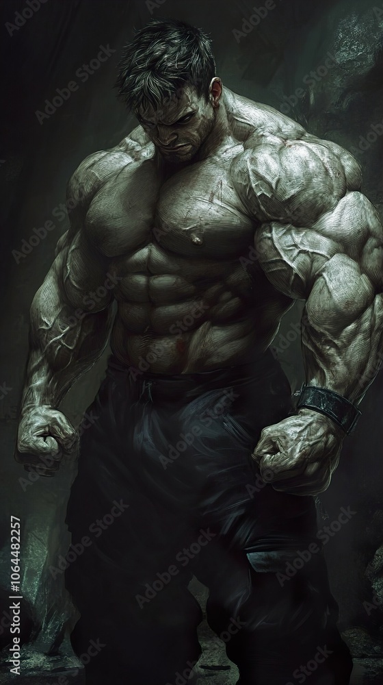 Powerful Muscular Man in Dark Setting - Digital Art Illustration Powerful Muscular Man in Dark Setting - Digital Art Illustration