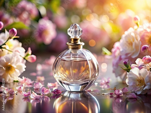 Elegant Macro Photography of a Luxurious Perfume Bottle with Soft Focus and Floral Background