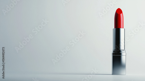 glossy lipstick tube in rich red shade stands elegantly against minimalistic background, showcasing its vibrant color and sleek design