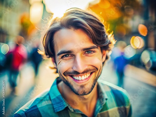 Breezy smile, tilted portrait. Dreamy, soft-focus details.