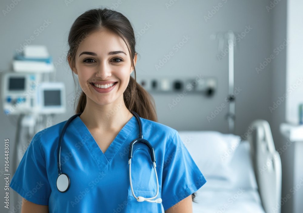 nurse in blue scrubs stands smiling in hospital room, radiating warmth and professionalism. Her stethoscope adds to her medical attire, creating welcoming atmosphere nurse in blue scrubs stands smiling in hospital room, radiating warmth and professionalism. Her stethoscope adds to her medical attire, creating welcoming atmosphere
