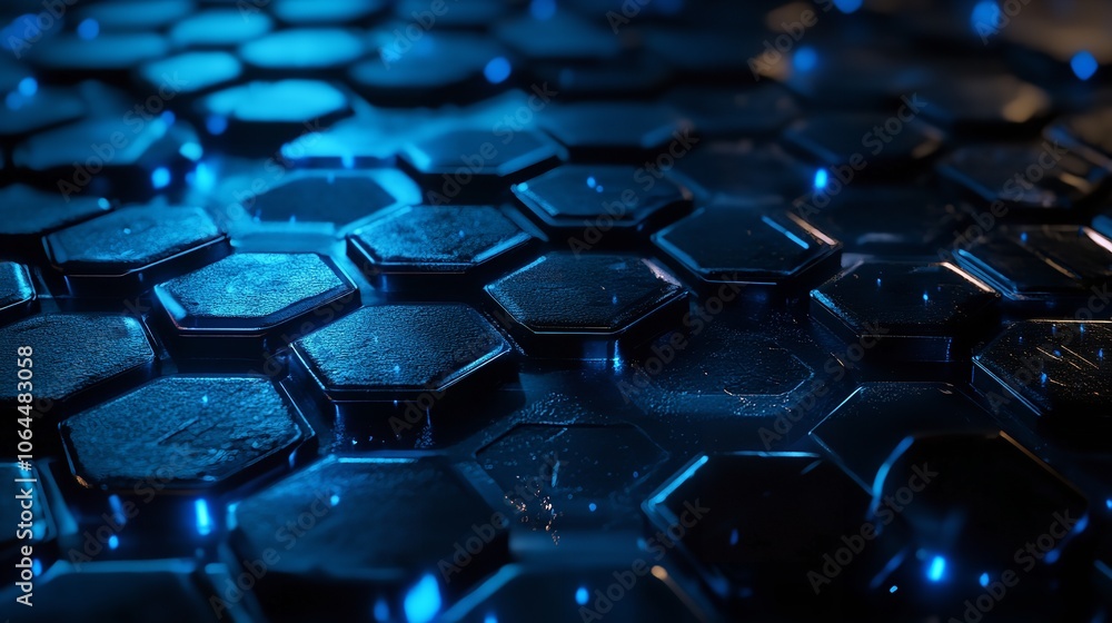 Futuristic hexagonal grid pattern with blue lighting, perfect for technology, innovation, and digital themes in presentations, websites, or backgrounds