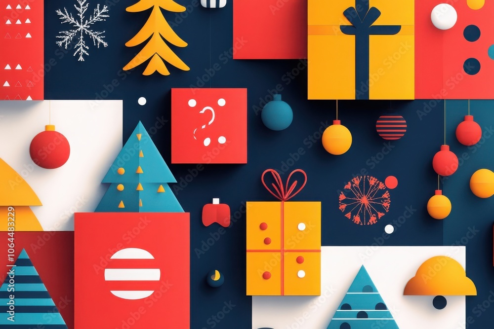 Fototapeta premium Festive geometric holiday icons in vibrant colors for a cheerful celebration atmosphere
