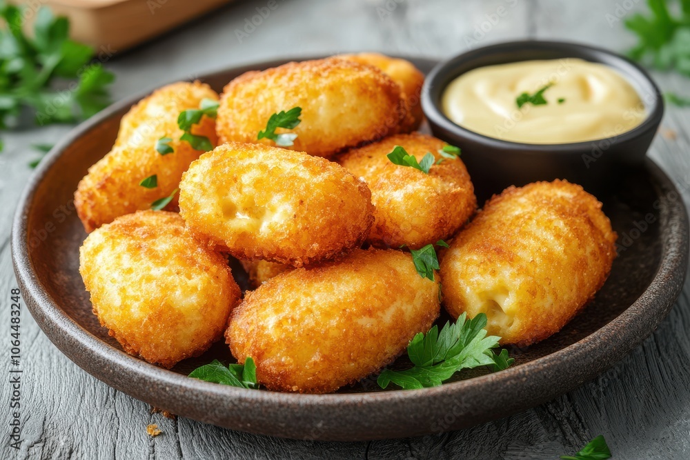 Food photography of crispy cheese croquettes arranged in a plate Food photography of crispy cheese croquettes arranged in a plate