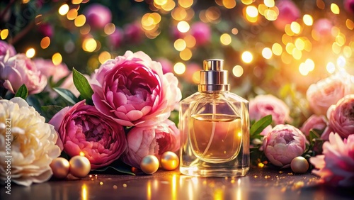 Elegant Perfume Bottle Surrounded by Peonies and Roses with Bokeh Effect for Fragrance Lovers