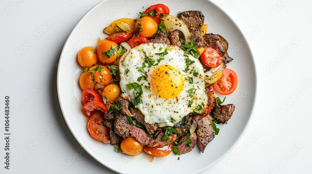 delicious carnivore breakfast skillet featuring sunny side up egg, juicy steak, and vibrant cherry tomatoes, garnished with fresh herbs for hearty meal delicious carnivore breakfast skillet featuring sunny side up egg, juicy steak, and vibrant cherry tomatoes, garnished with fresh herbs for hearty meal
