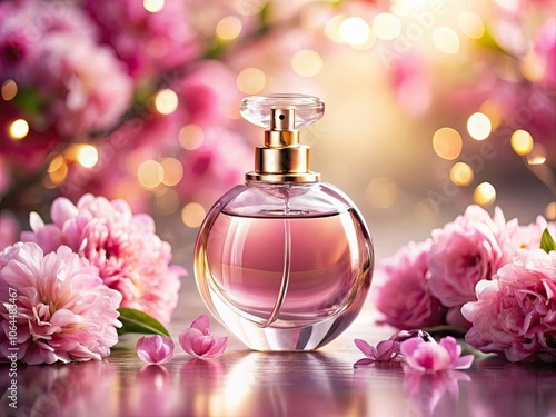 Elegant Pink Perfume Bottle Surrounded by Flowers and Soft Lighting for High Dynamic Range Photography