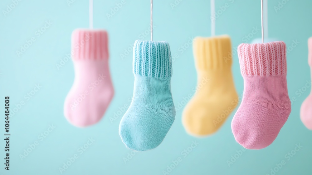 Tiny baby socks hanging from a nursery mobile, side view, pastel colors, soft focus Tiny baby socks hanging from a nursery mobile, side view, pastel colors, soft focus