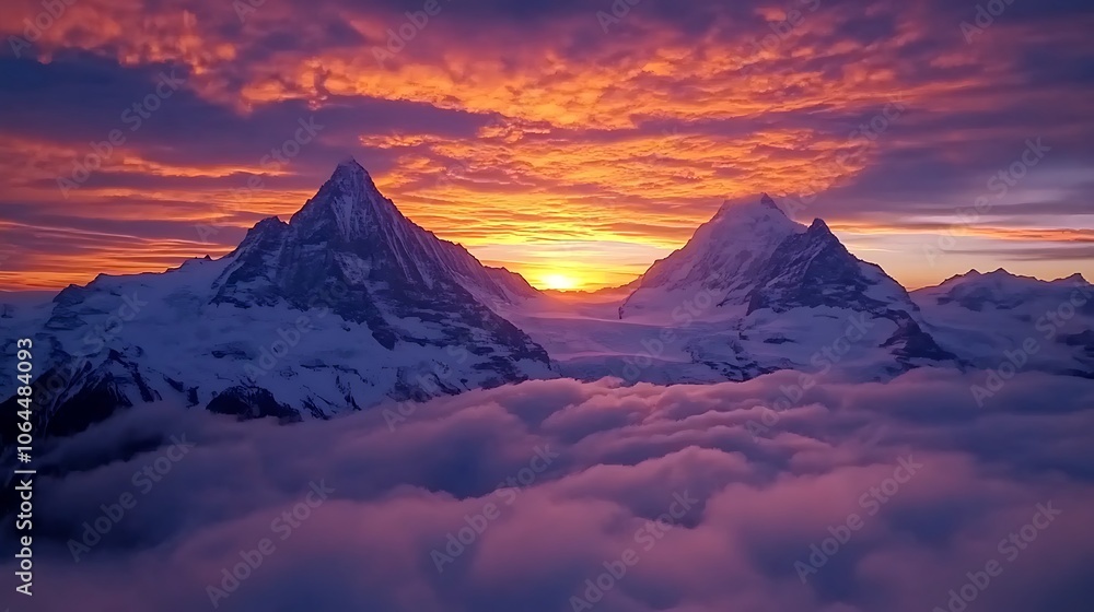 Naklejka premium Majestic snow-capped mountain peaks with a fiery sunset sky and clouds