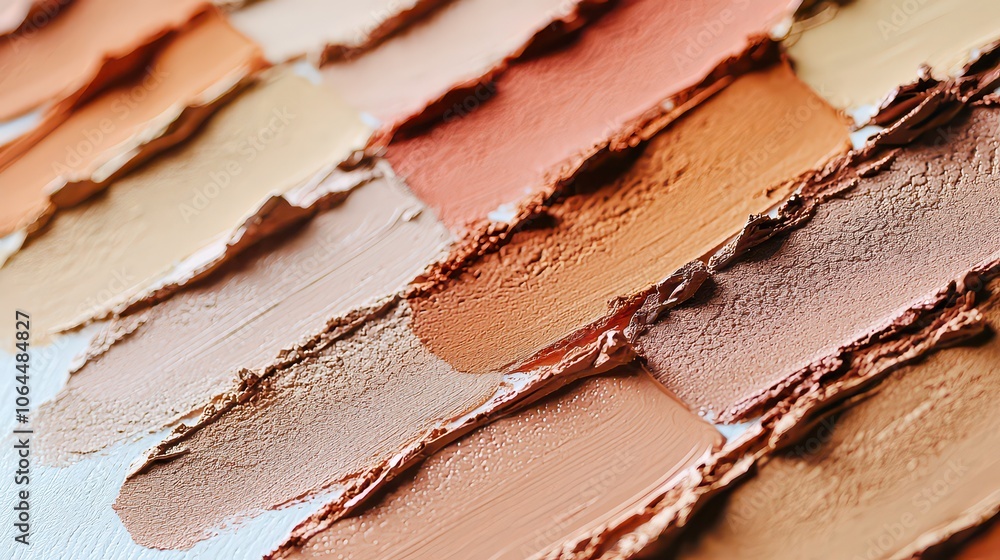 Foundation swatches in various skin tones on a white surface. Foundation swatches in various skin tones on a white surface.