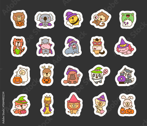 Halloween kawaii animal cartoon characters in cute costumes for digital clipart and vector illustration design set photo