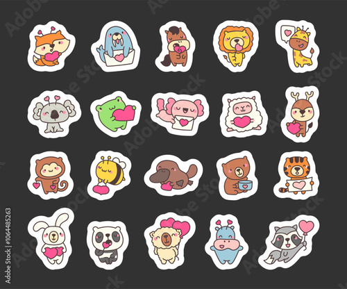 Cute kawaii animal characters holding hearts for Valentines Day illustrations and cartoons