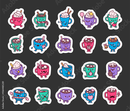 Cute kawaii hot chocolate cartoon characters for winter holiday drinks with marshmallows and happy faces illustration set