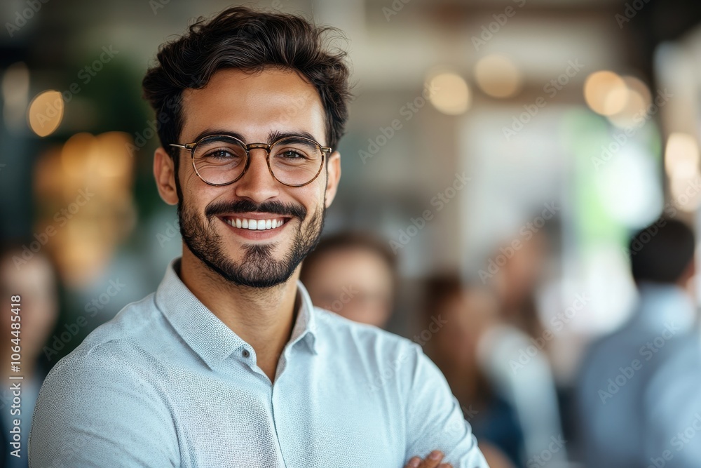 Group of business workers working together. Young handsome businessman standing smiling Group of business workers working together. Young handsome businessman standing smiling